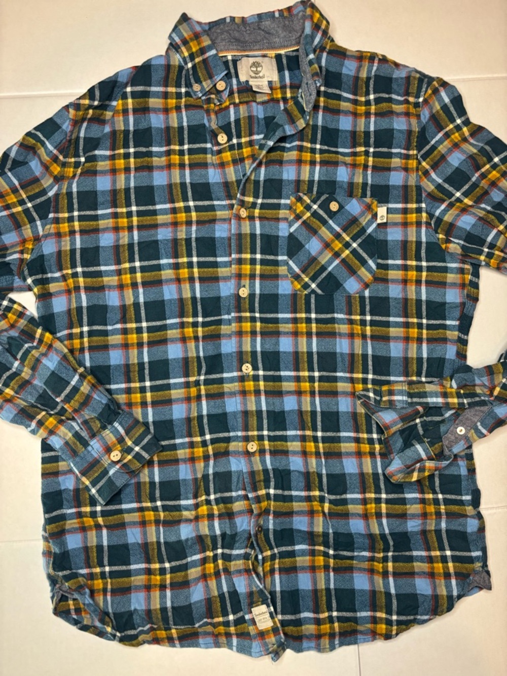 Timberland Teal, Navy & Yellow Plaid Flannel Shirt